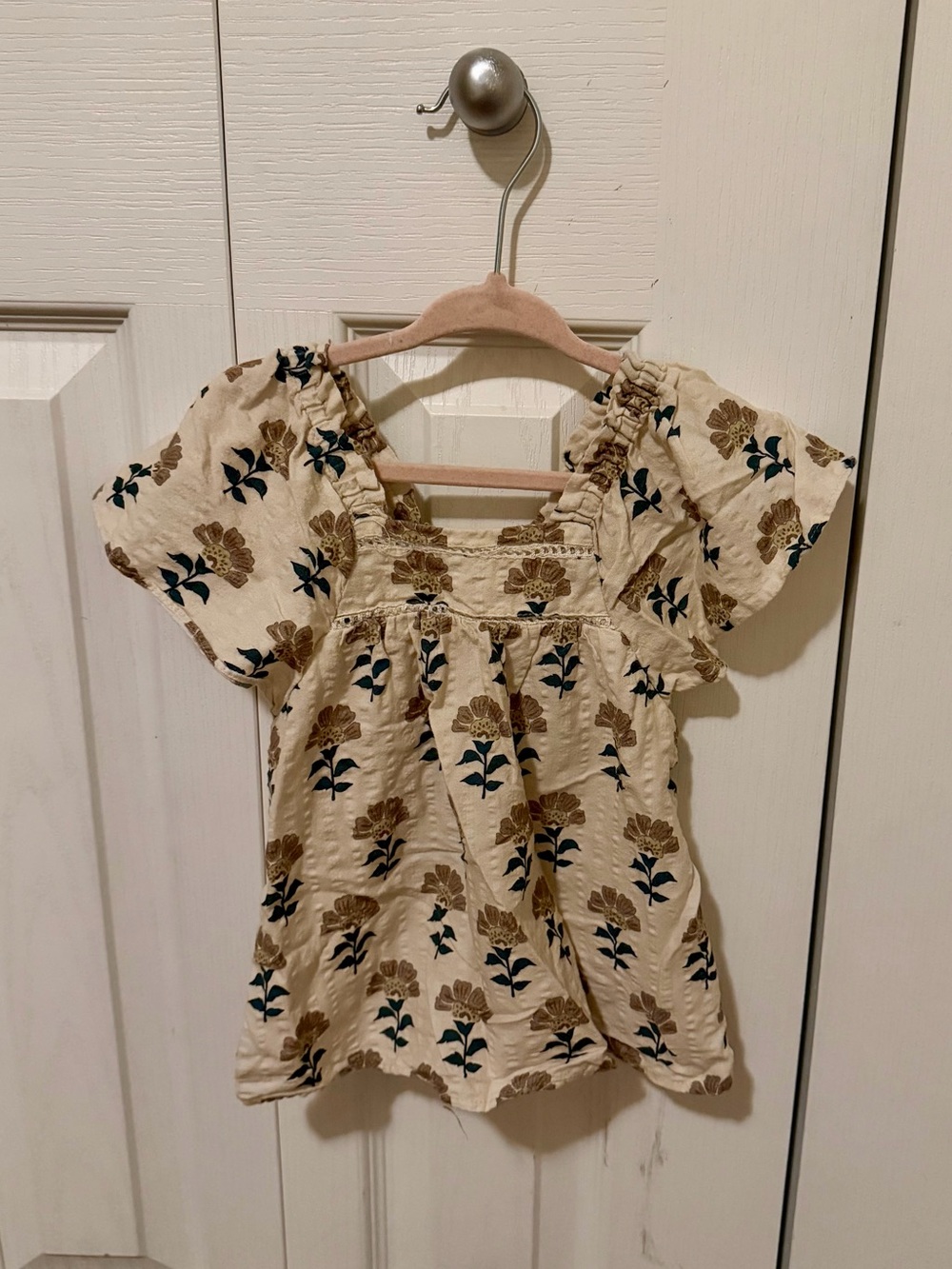 Zara Cream Floral Smocked Square-Neck Blouse